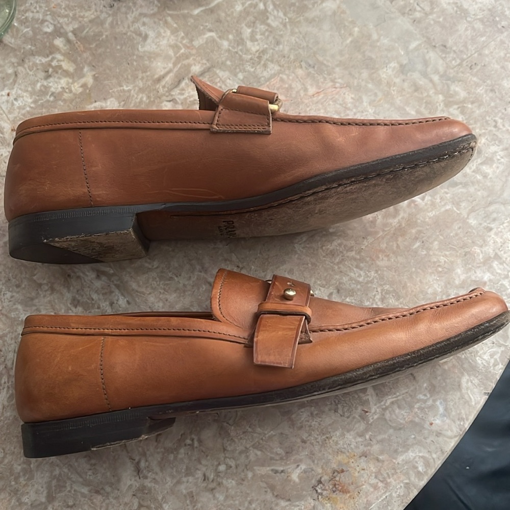 Prada Men’s Cognac Leather Slip On Loafers 8.5 - Picture 10 of 15